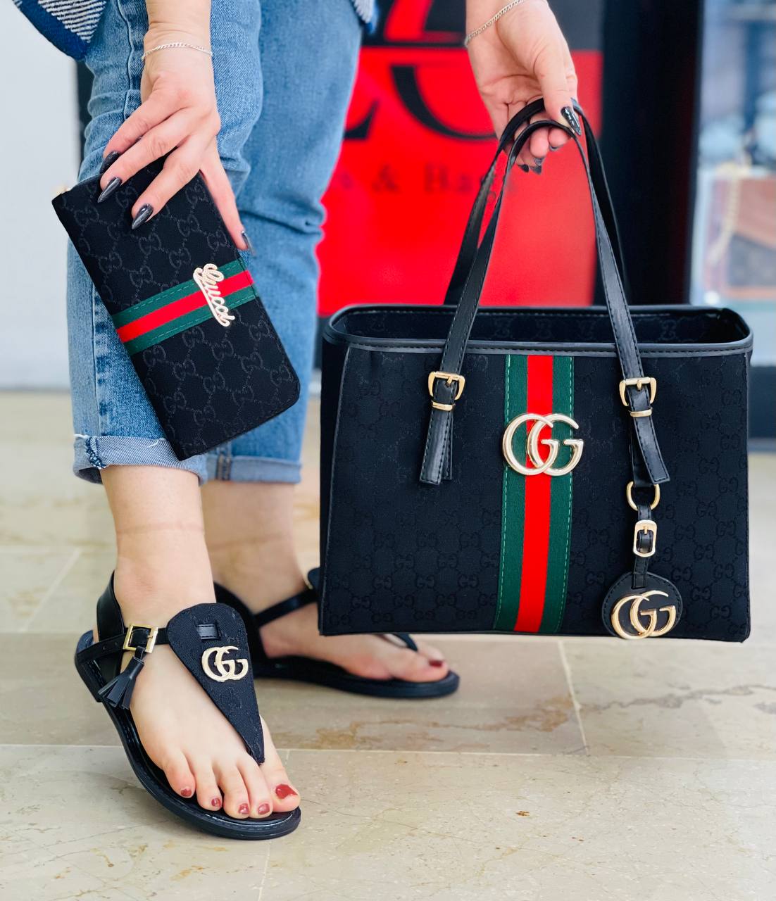 GG - Bag and Shoes and Wallet Black Set (V2)