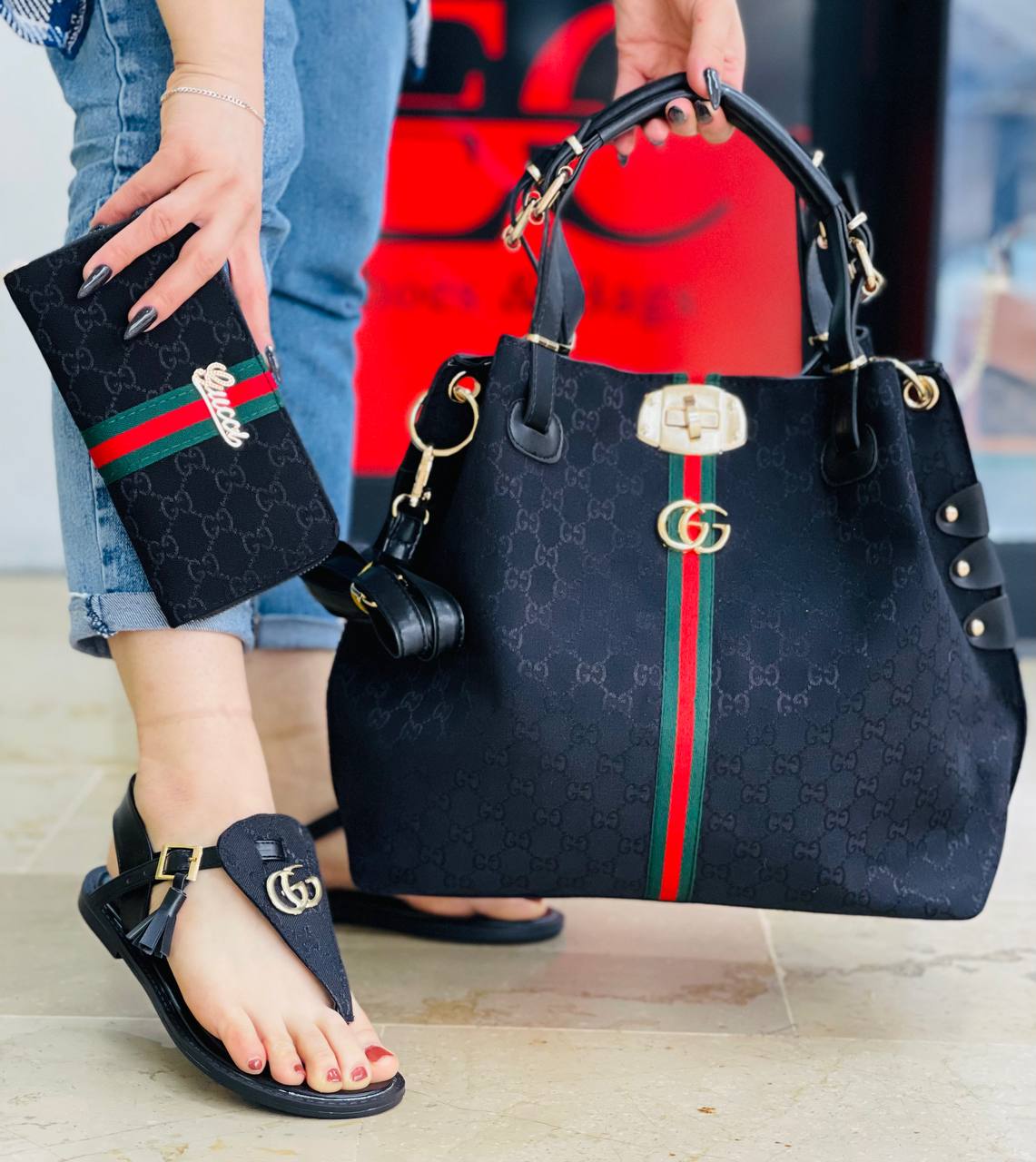 GG - Bag and Shoes and Wallet Black Set (V1)